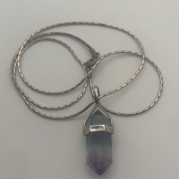 VTG Sterling & Purple Green Fluorite Crystal Stone Pendant & Chain 16” & 1.2” - Picture 2 of 9